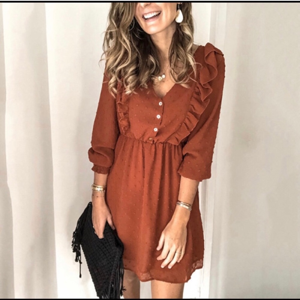 RUST ORANGE, RUFFLED DRESS (S)